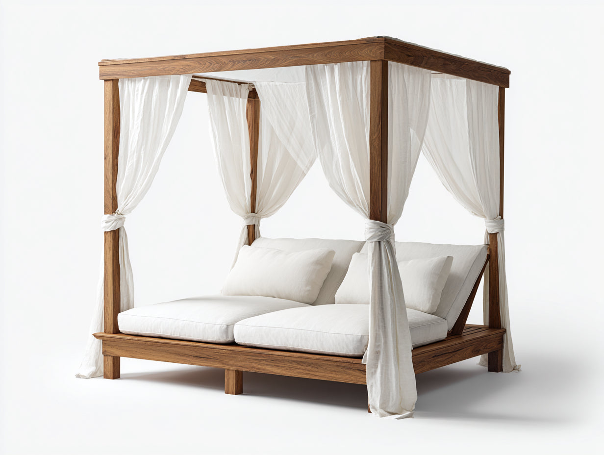 Lettino prendisole - Legno-tessuto - 205x175x220 cm - Marrone noce-Bianco crema - Stile classico con schienale inclinato