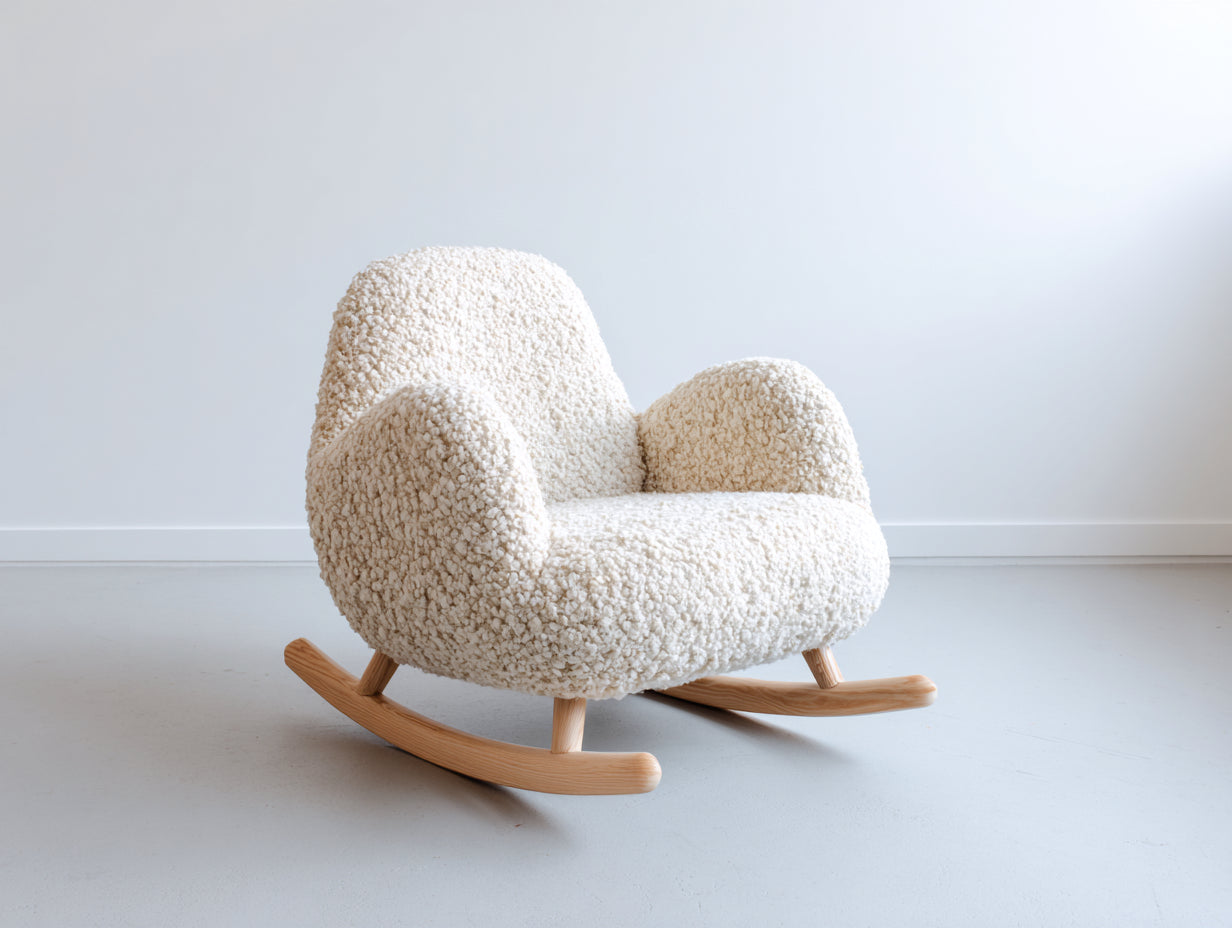 Sedia a dondolo - Tessuto bouclé-legno - 86 x 80 x 88 cm - Crema-Legno naturale - Stile contemporaneo
