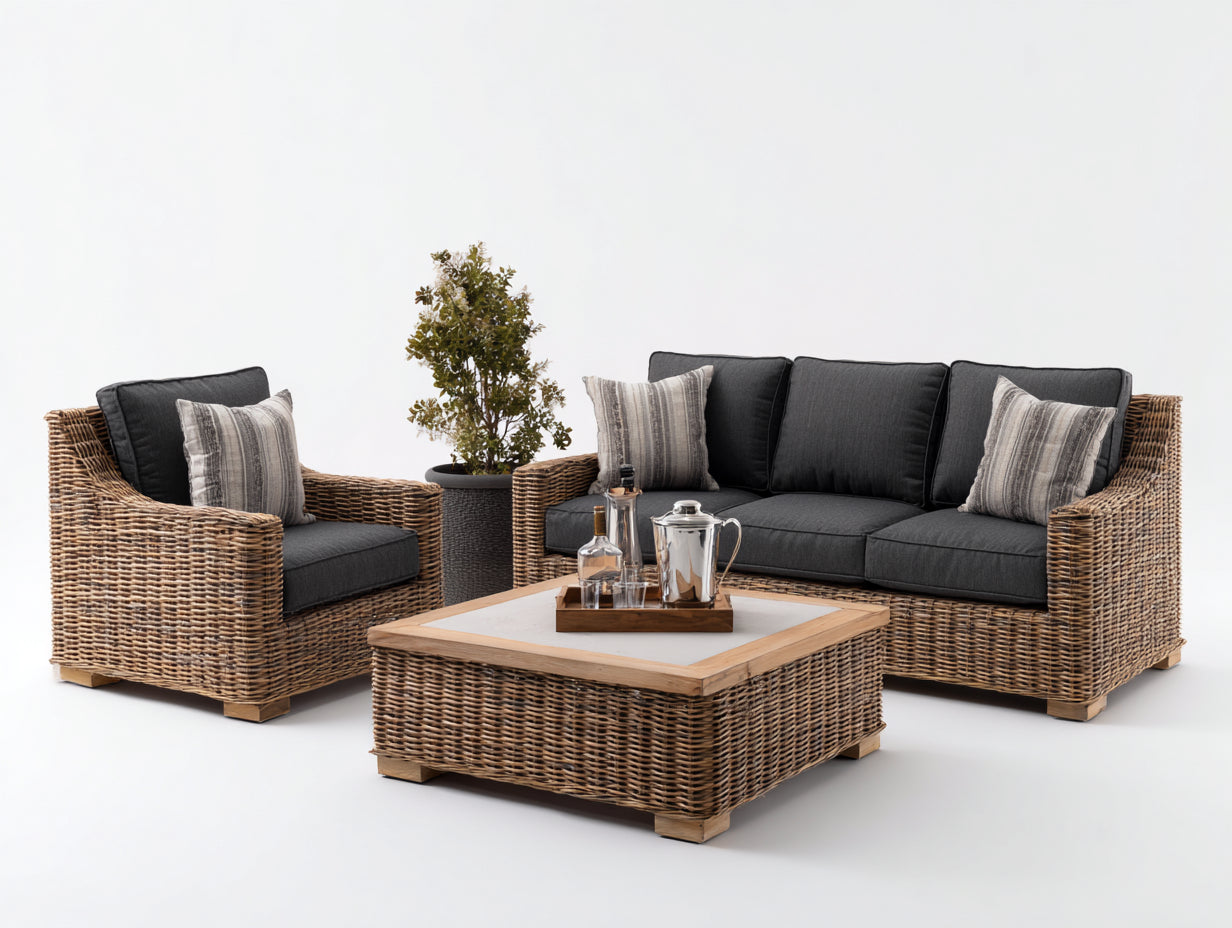 Divani da esterno - Polyrattan-tessuto - 220x91x82 cm - Marrone naturale-Antracite-Beige chiaro - Stile contemporaneo