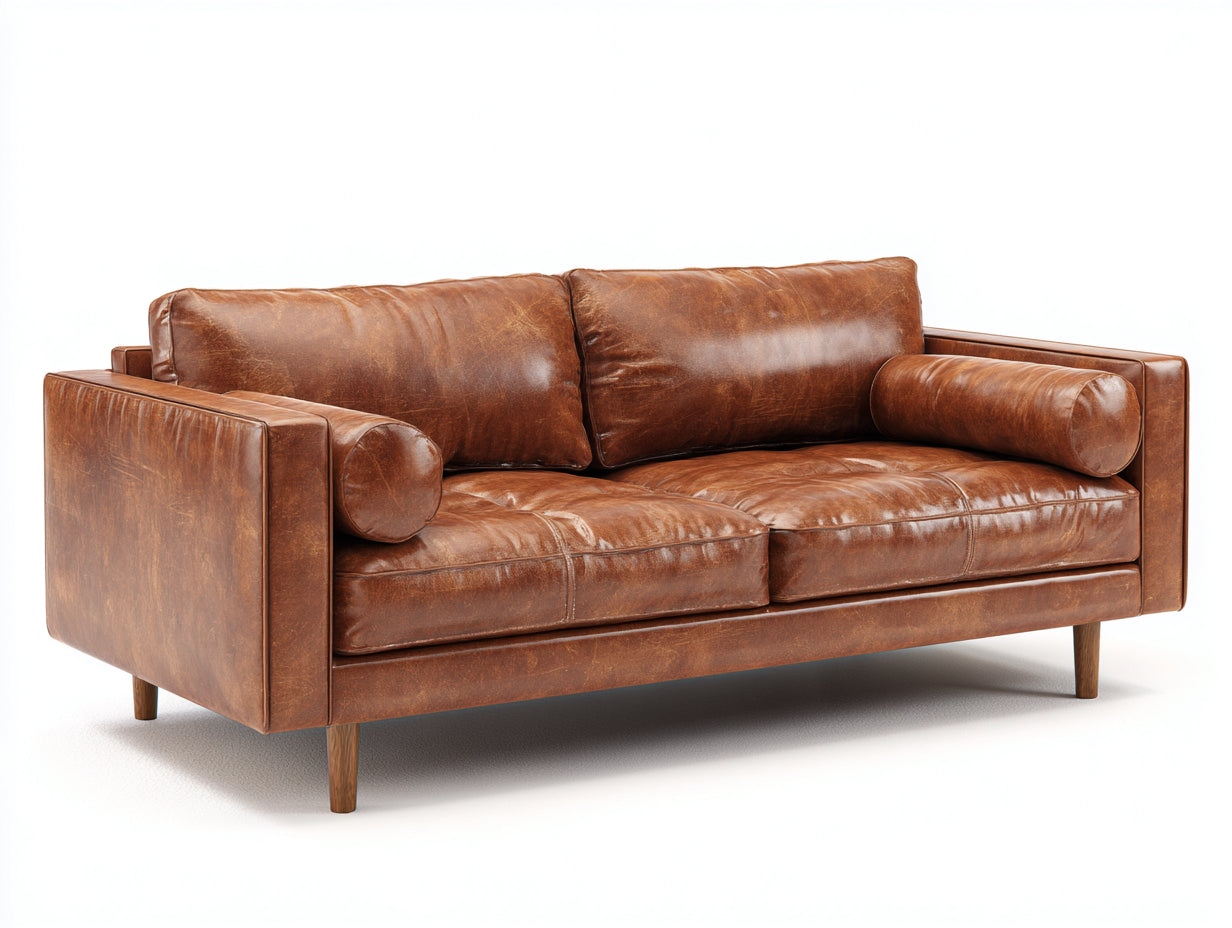 Divano a due posti - Pelle sintetica-Legno - 192x94x83 cm - Marrone cuoio - Stile vintage moderno