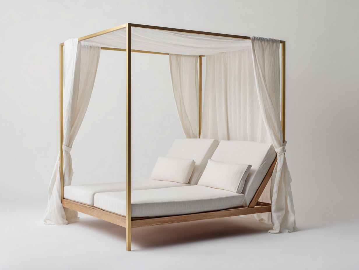 Lettino prendisole - Legno-tessuto-metallo - 210x175x220 cm - Legno naturale-Bianco-Oro - Stile contemporaneo con baldacchino