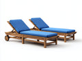 Lettino prendisole - Legno-tessuto - 205x74x94 cm - Noce caldo-Blu cobalto - Stile naturale con ruote