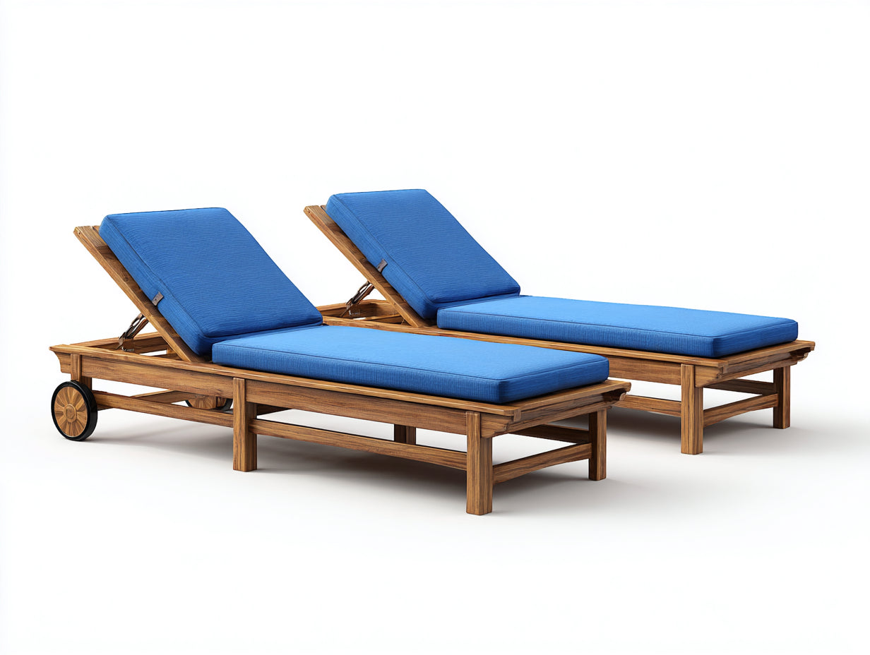 Lettino prendisole - Legno-tessuto - 205x74x94 cm - Noce caldo-Blu cobalto - Stile naturale con ruote
