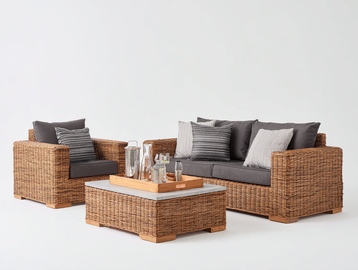 Divani da esterno - Polyrattan-tessuto-ceramica-legno - 188x88x81 cm - Miele-Antracite-Grigio chiaro - Stile contemporaneo