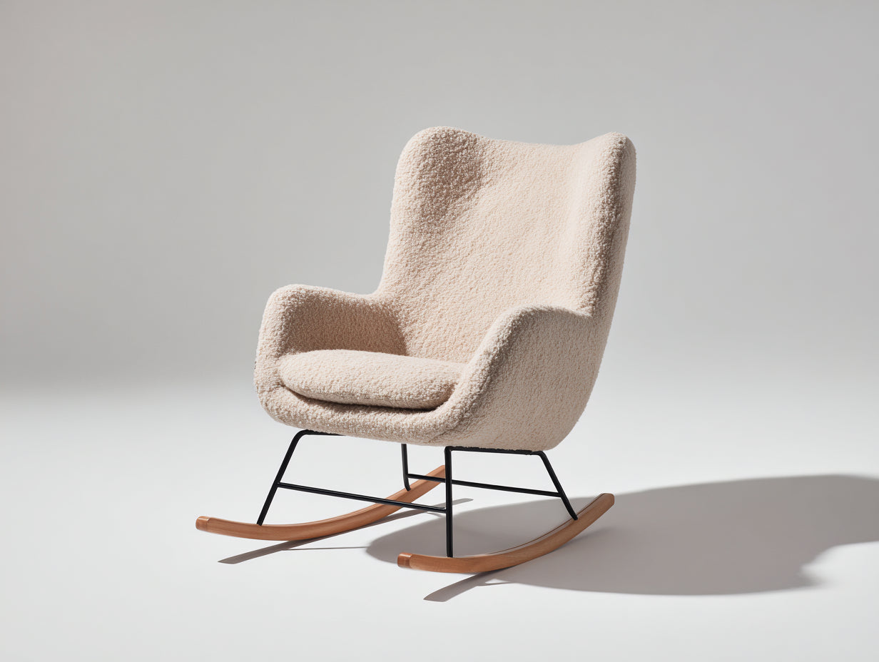 Sedia a dondolo - Tessuto bouclé-metallo-legno - 91 x 83 x 98 cm - Crema-Nero-Legno naturale - Stile moderno