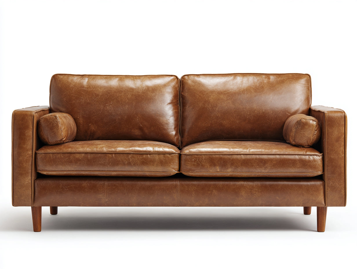 Divano a due posti - Pelle sintetica-Legno - 186x91x85 cm - Marrone miele - Stile vintage nordico