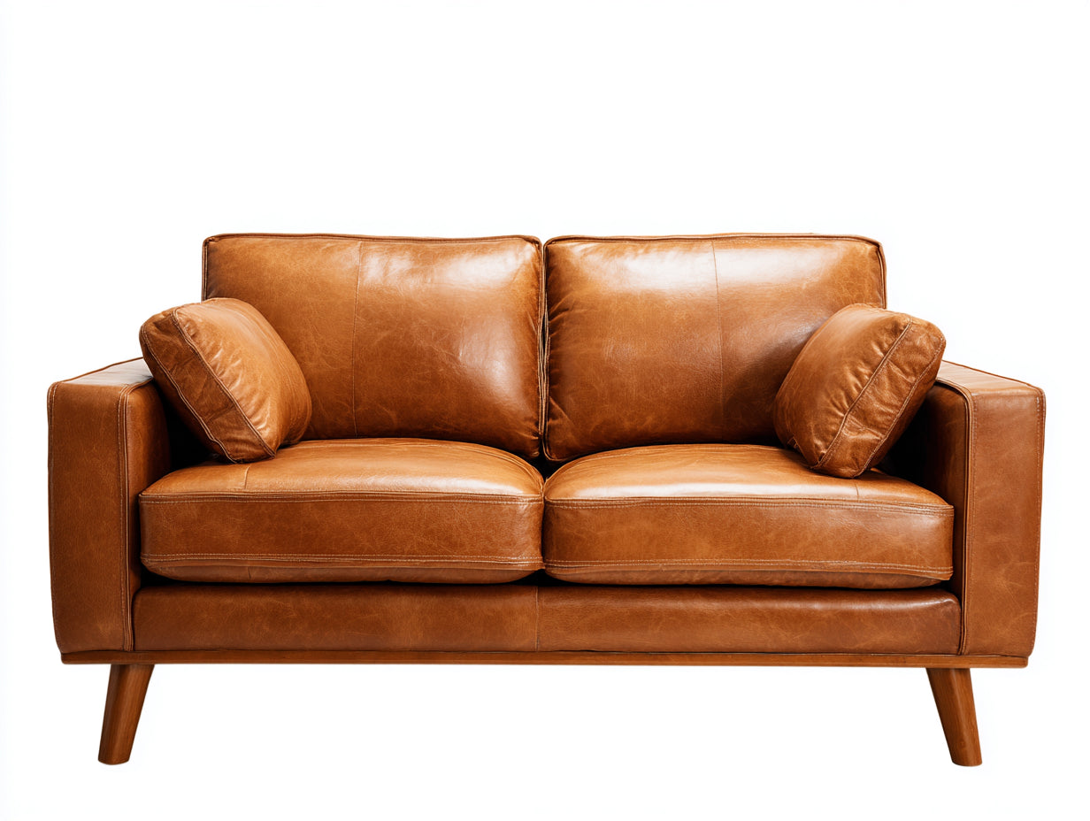 Divano a due posti - Pelle sintetica-Legno - 187x91x84 cm - Marrone caramello - Stile nordico contemporaneo