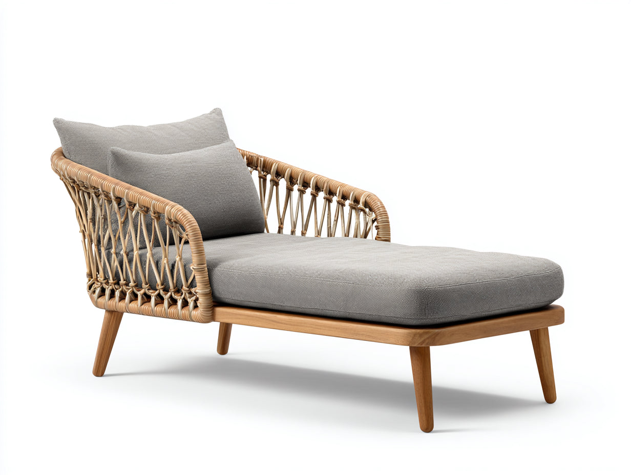 Lettino prendisole - Legno-rattan-tessuto - 188x78x82 cm - Rovere naturale-Grigio chiaro - Stile contemporaneo con intreccio aperto