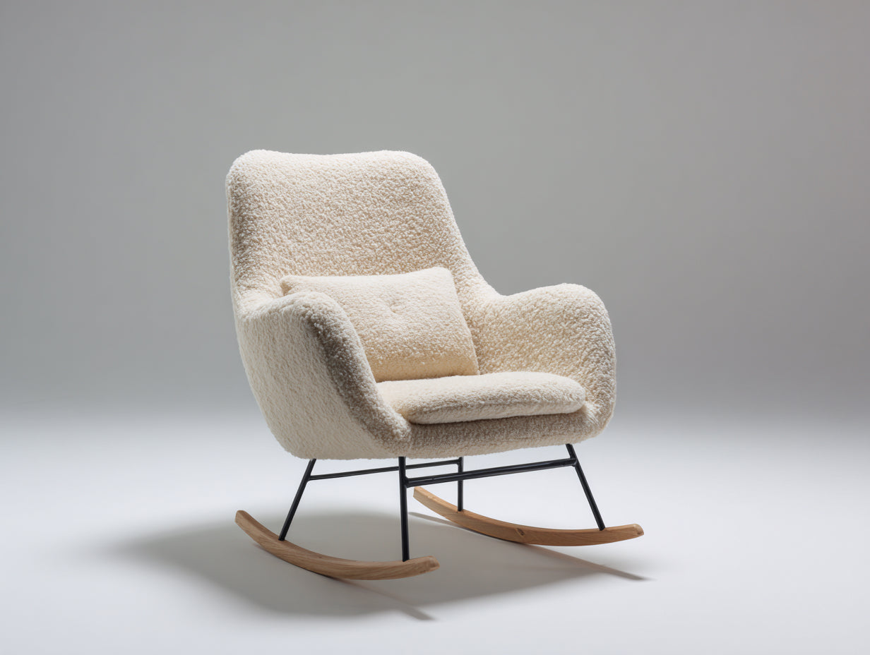 Sedia a dondolo - Tessuto bouclé-metallo-legno - 92 x 78 x 98 cm - Crema-Nero-Legno naturale - Stile moderno