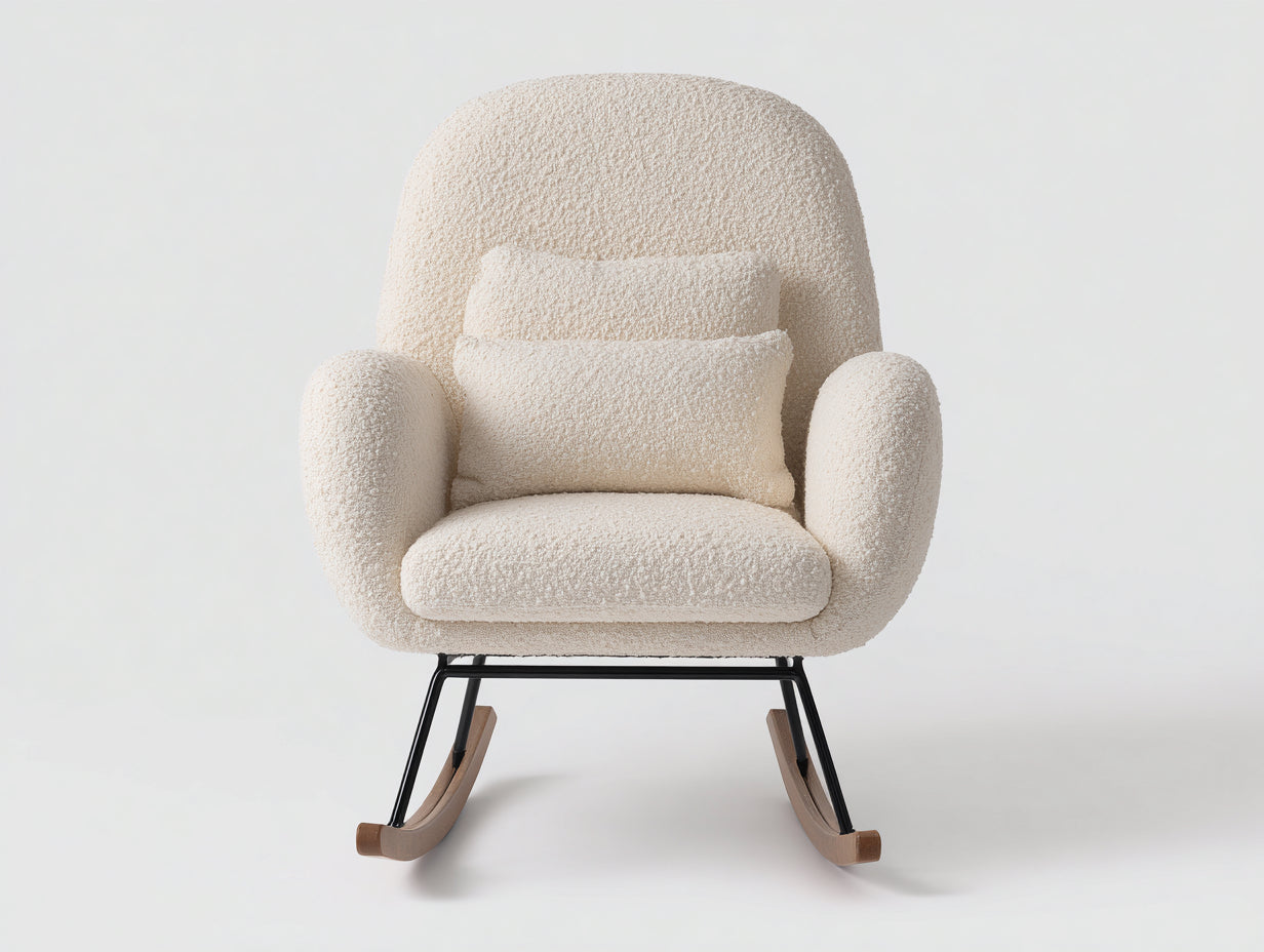 Sedia a dondolo - Tessuto bouclé-metallo-legno - 84 x 76 x 92 cm - Crema-Nero-Legno naturale - Stile moderno