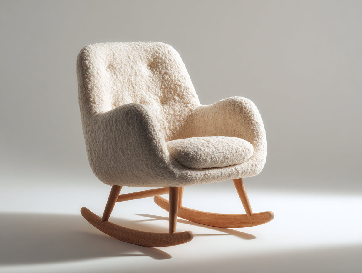 Sedia a dondolo - Tessuto bouclé-legno - 89 x 82 x 95 cm - Crema-Legno naturale - Stile moderno