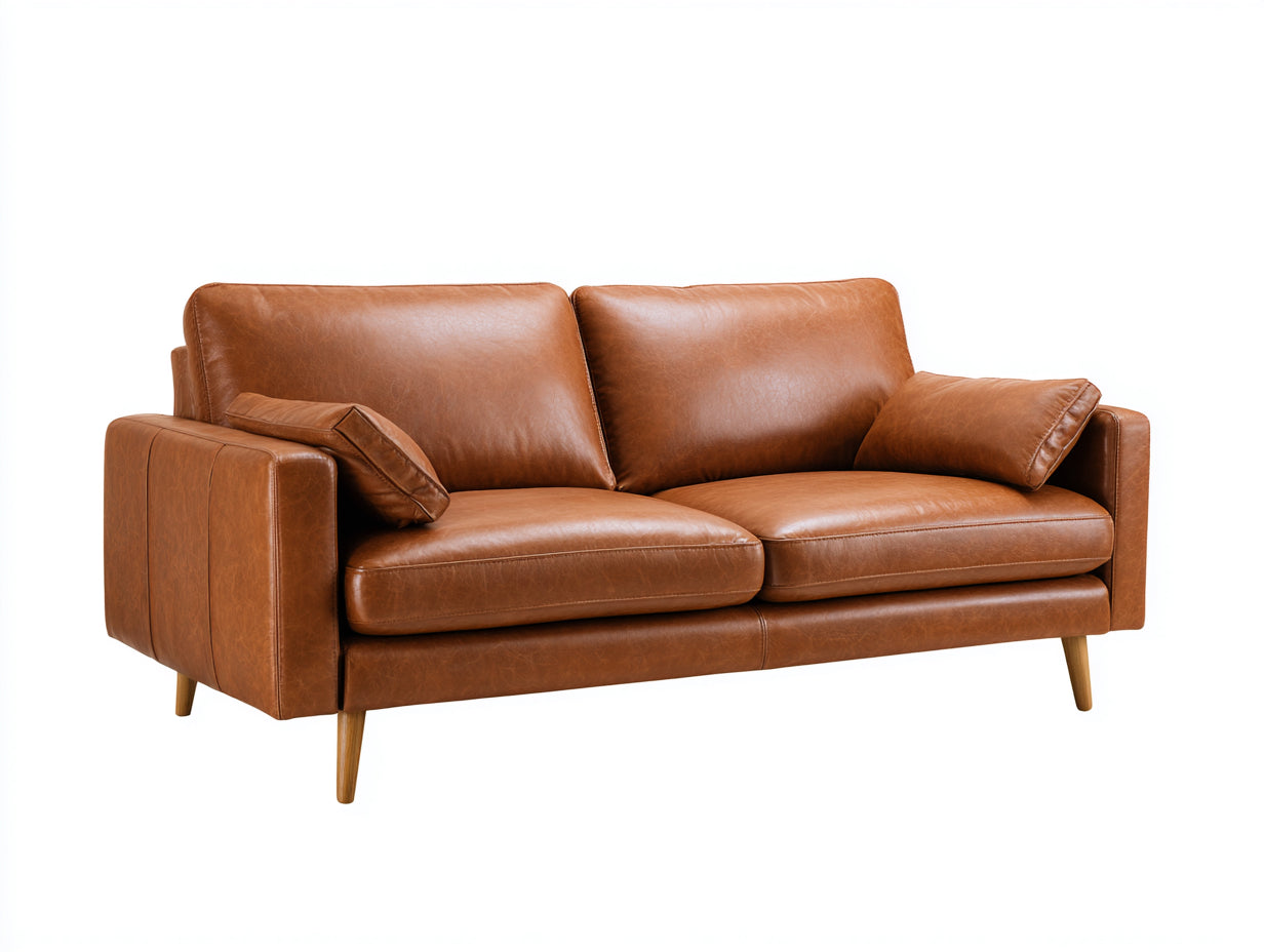 Divano a due posti - Pelle sintetica-Legno - 188x92x84 cm - Marrone cognac - Stile nordico contemporaneo