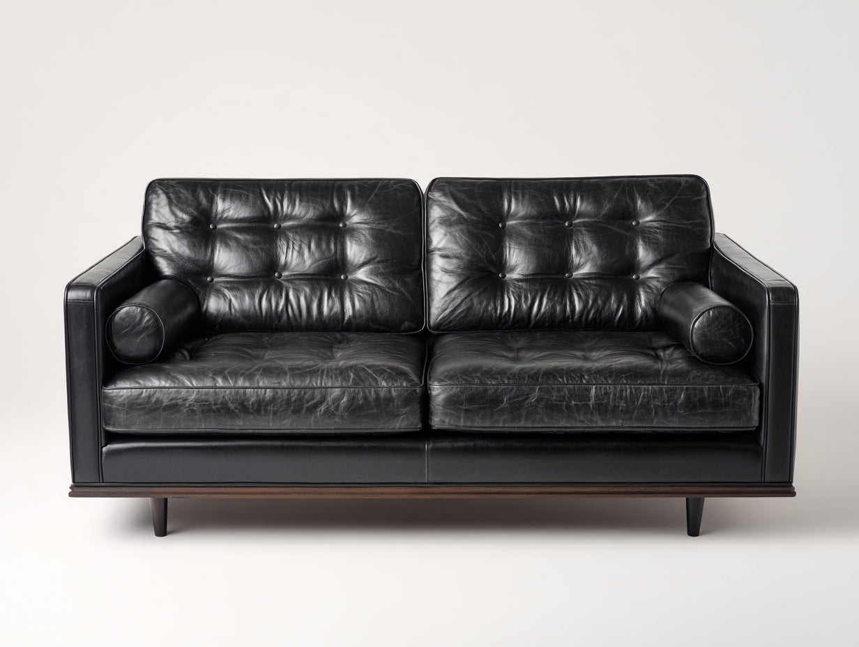 Divano a due posti - Pelle sintetica-Legno - 190x92x84 cm - Nero - Stile retrò contemporaneo