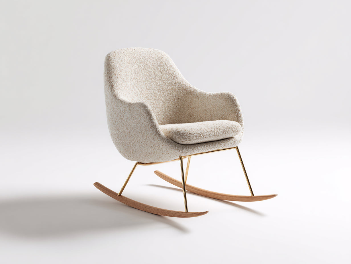 Sedia a dondolo - Tessuto bouclé-metallo-legno - 90 x 84 x 96 cm - Beige-Oro-Legno naturale - Stile moderno
