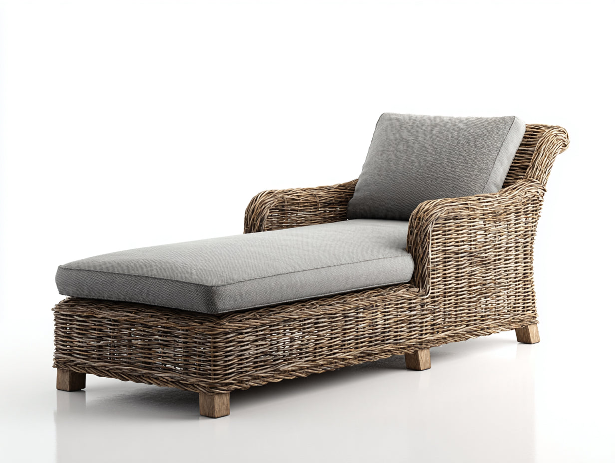 Lettino prendisole - Rattan-legno-tessuto - 190x80x88 cm - Marrone naturale-Grigio chiaro - Stile classico con braccioli avvolgenti