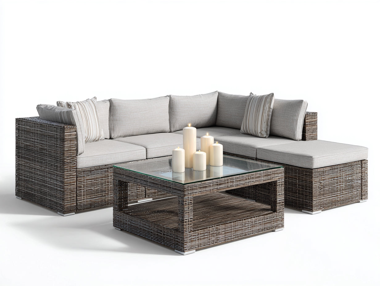 Divani da esterno - Polyrattan-tessuto-vetro - 272x206x79 cm - Marrone-Grigio chiaro - Stile moderno