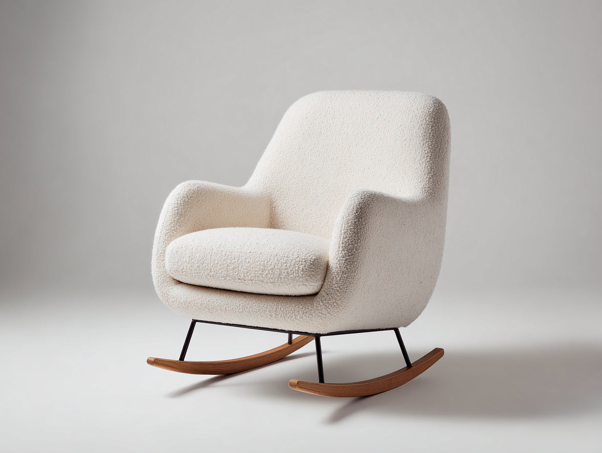Sedia a dondolo - Tessuto bouclé-metallo-legno - 93 x 85 x 94 cm - Bianco crema-Nero-Legno naturale - Stile contemporaneo