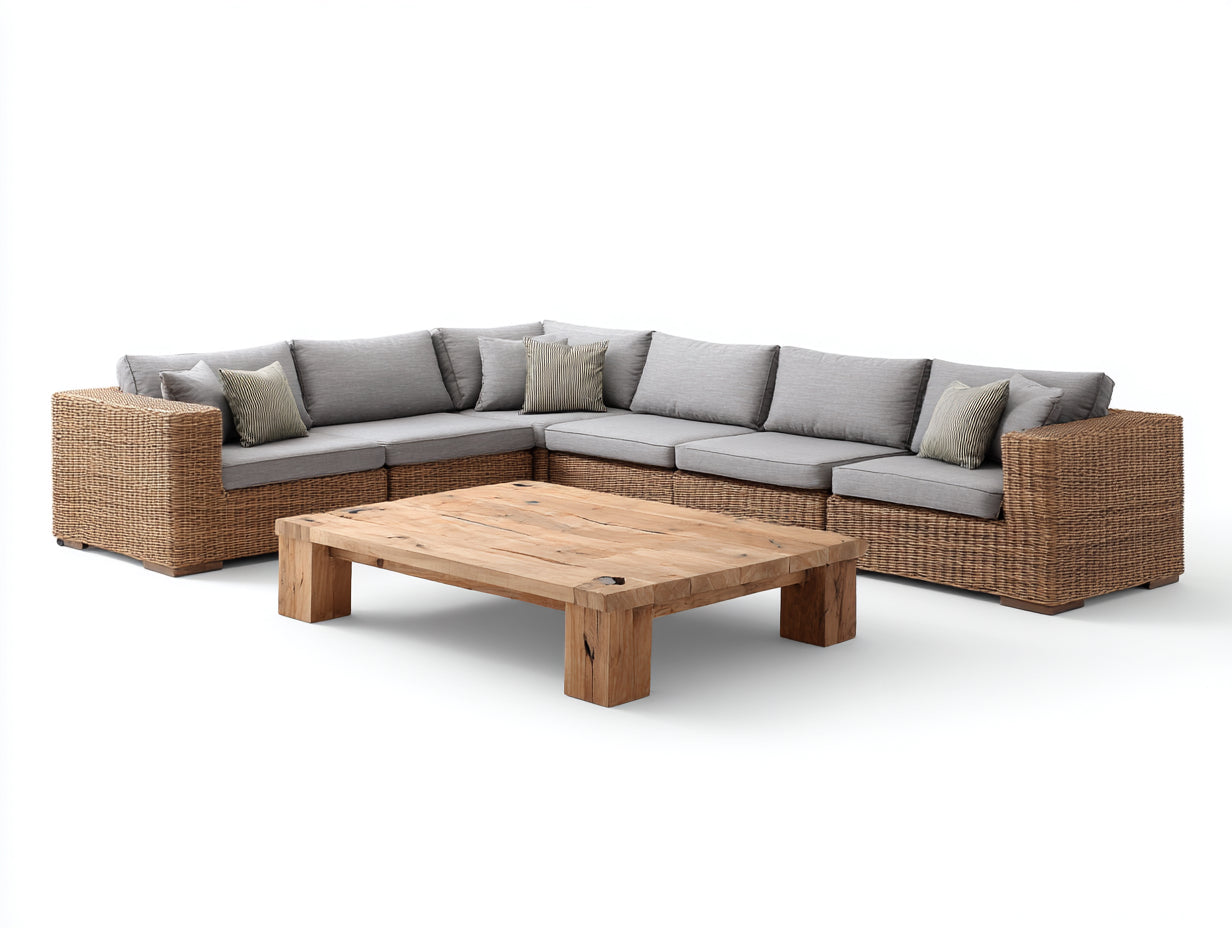 Divani da esterno - Rattan sintetico-tessuto-legno - 315x245x75 cm - Marrone naturale-Grigio chiaro-Legno naturale - Stile contemporaneo