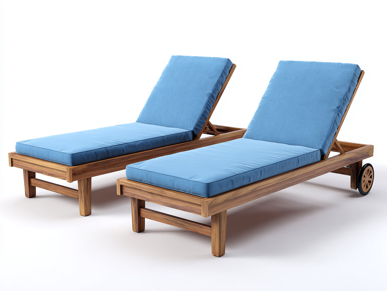 Lettino prendisole - Legno-tessuto - 202x70x91 cm - Teak naturale-Azzurro - Stile moderno con ruote