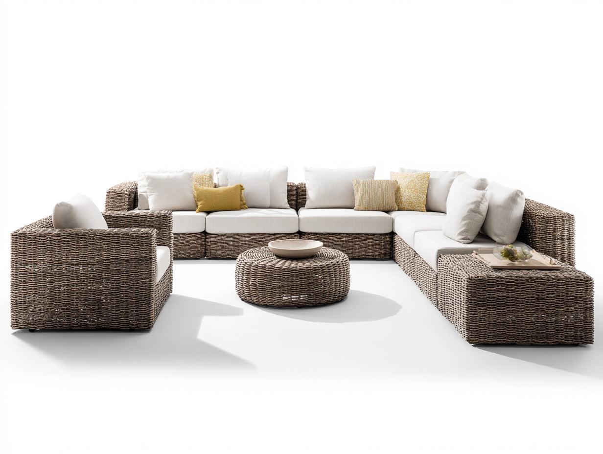 Divani da esterno - Rattan sintetico-tessuto - 342x288x79 cm - Tortora-Bianco avorio - Stile mediterraneo